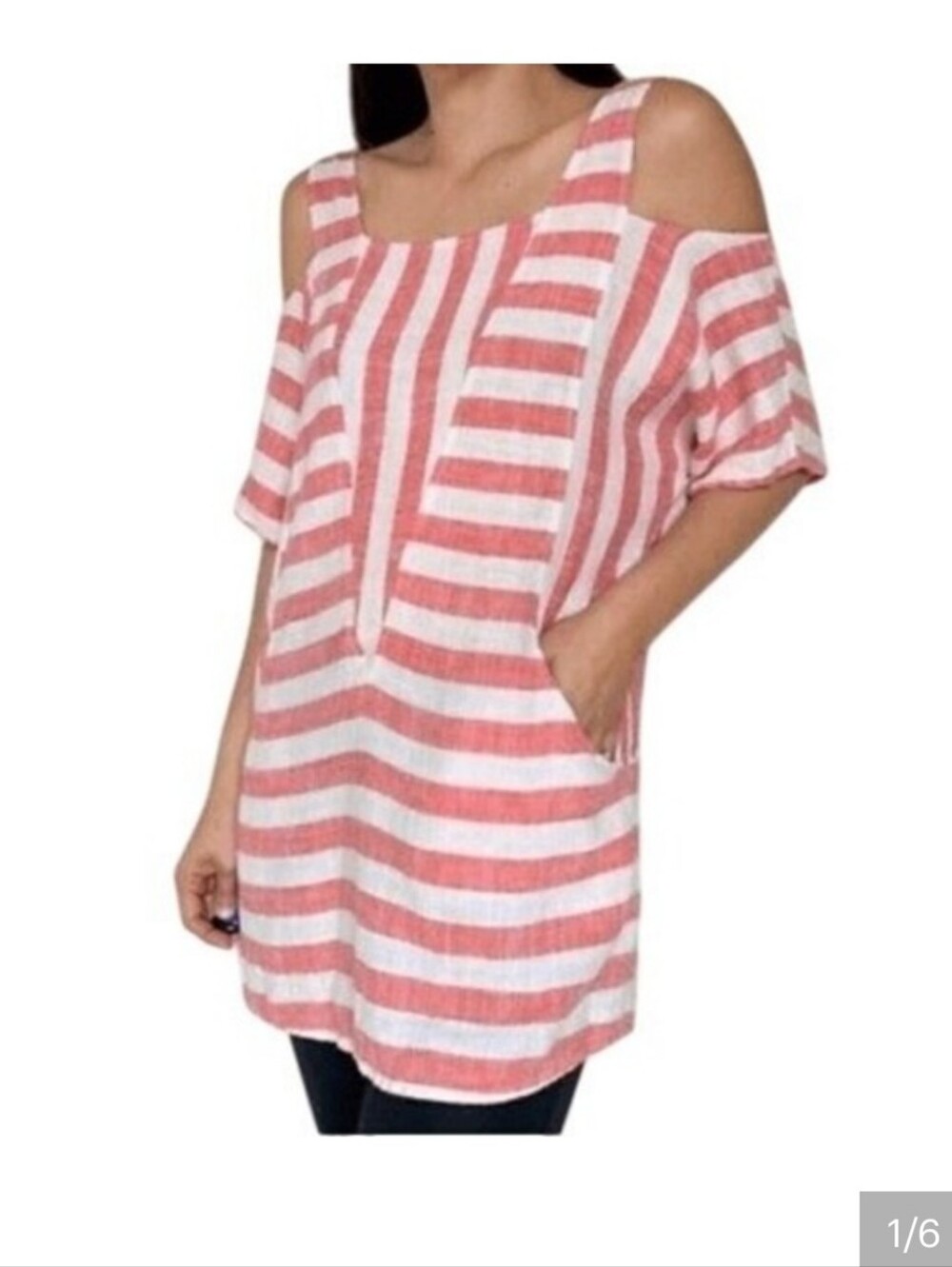 Soft Surroundings XS Pink White Striped Linen Blend Cold Shoulder Tunic Top